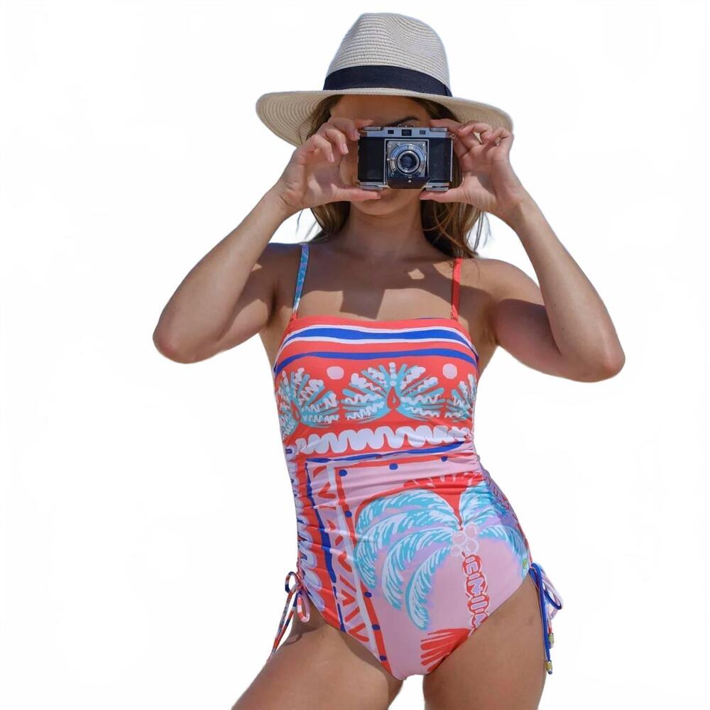 NEW BAYE LONDON women's ruched side swimsuit in pink palm